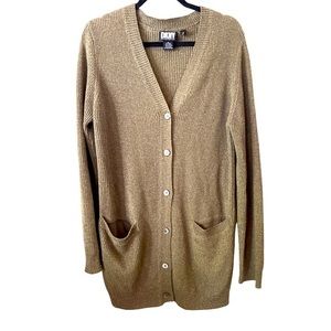 DKNY‎ longline cardigan linen cotton blend khaki brown color button front M